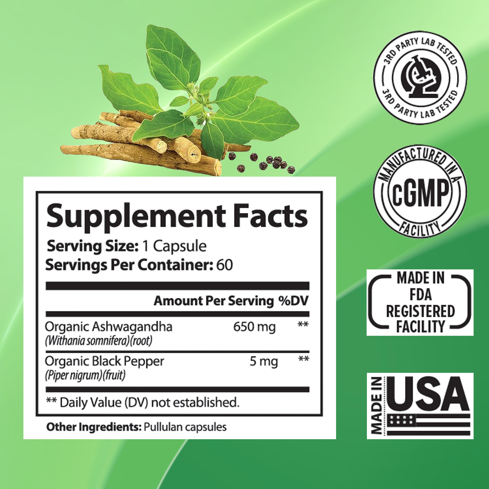 Ashwagandha Supplements Capsules Vegan Stress Relief Immune Support Supplement Balanced Energy Levels And Mood Organic - Image 2