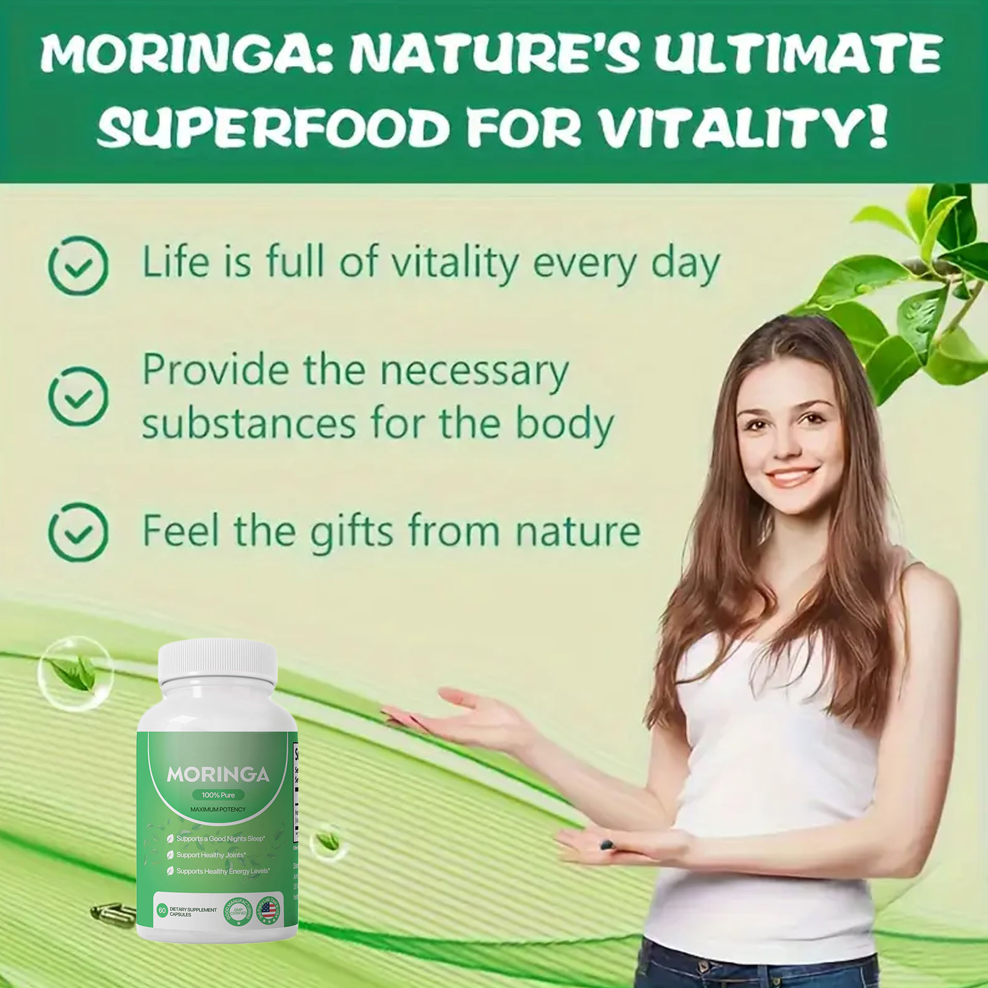 Moringa Capsules, Pura Moringa Leaf Energy, Metabolism & Immune Support, Healthcare Supplement & Vitamins 60pcs Dietary Supplement Capsules - Image 7