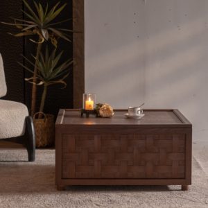 Farmhouse Coffee Table With Storage, Large Square Coffee Table For Living Room, Brown