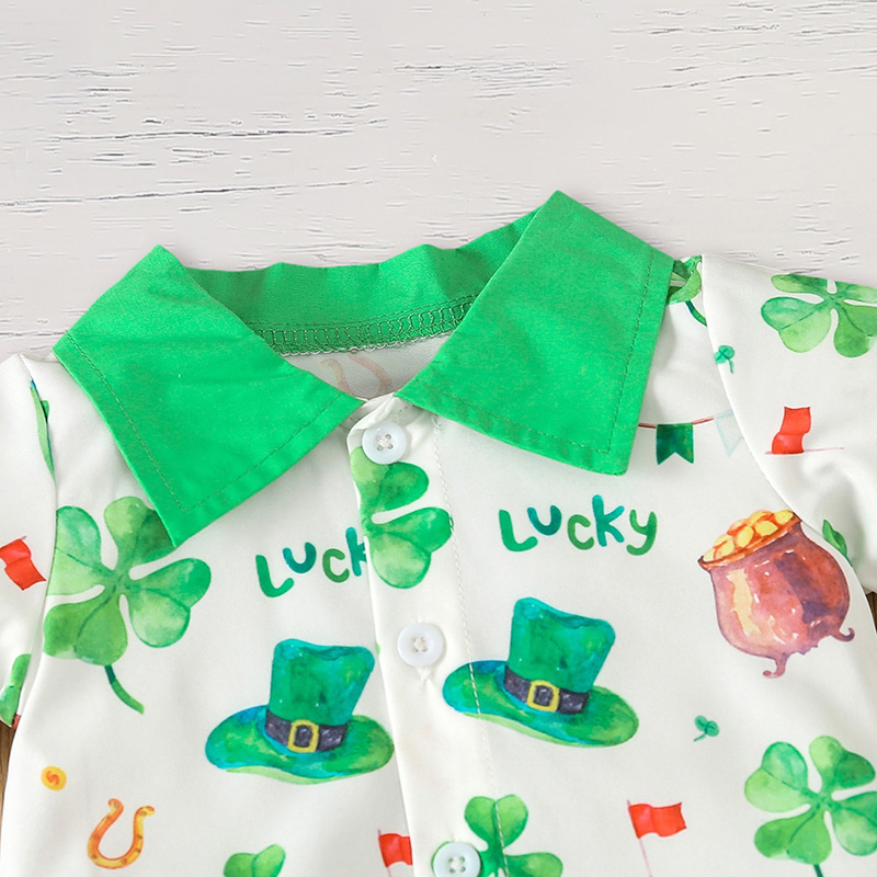 Newborn Baby Boy St. Patrick's Day Clothes Short Sleeve Clover Print Romper & Suspenders Pant 2Pcs Casual Clothes Set - Image 8