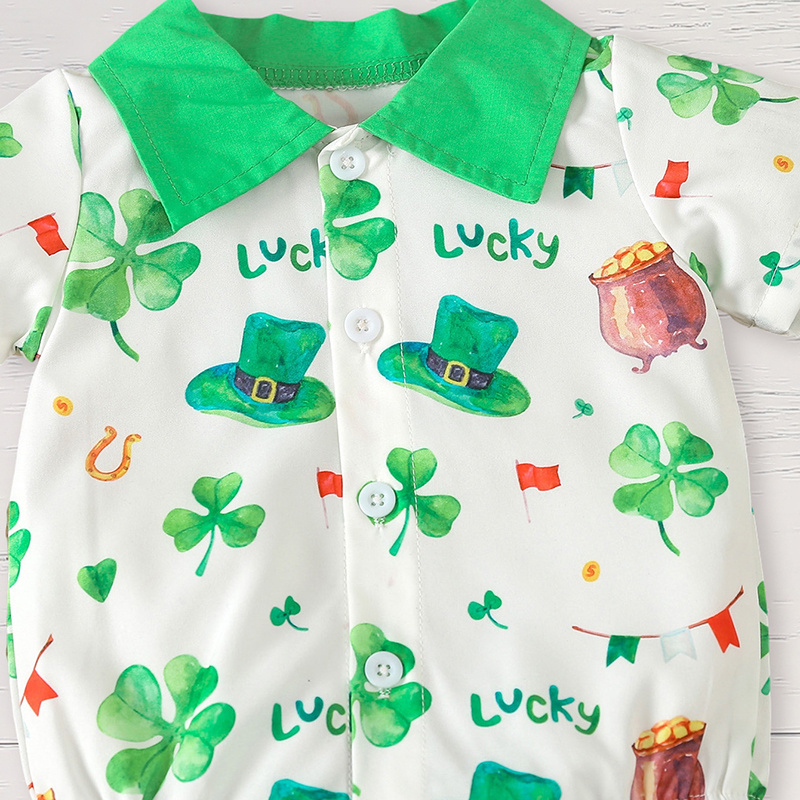 Newborn Baby Boy St. Patrick's Day Clothes Short Sleeve Clover Print Romper & Suspenders Pant 2Pcs Casual Clothes Set - Image 4
