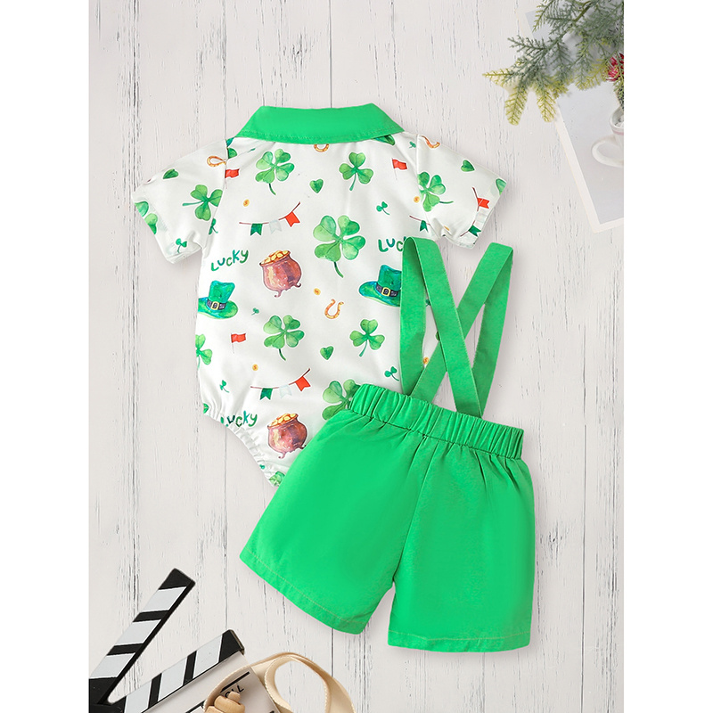 Newborn Baby Boy St. Patrick's Day Clothes Short Sleeve Clover Print Romper & Suspenders Pant 2Pcs Casual Clothes Set - Image 7