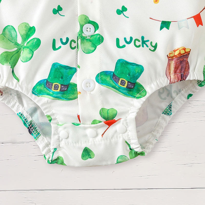 Newborn Baby Boy St. Patrick's Day Clothes Short Sleeve Clover Print Romper & Suspenders Pant 2Pcs Casual Clothes Set - Image 6